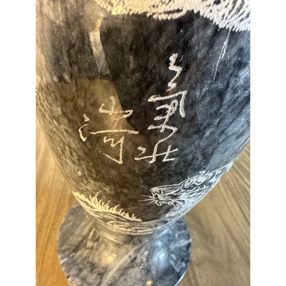 Vintage Hand Carved Marble Vase Home Decor 12.5in Grey Etched Tiger Pine Tree
